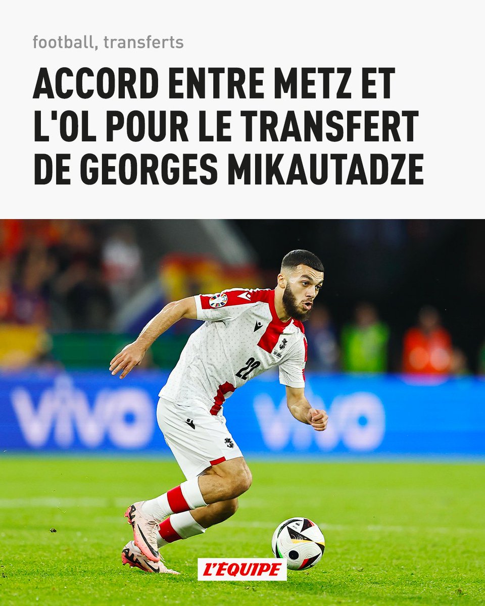 lequipe's tweet photo. Accord entre Metz et l'OL pour le transfert de Georges Mikautadze, attendu mardi à Lyon https://t.co/V4fiYSalFf https://t.co/eEAR61y1JV