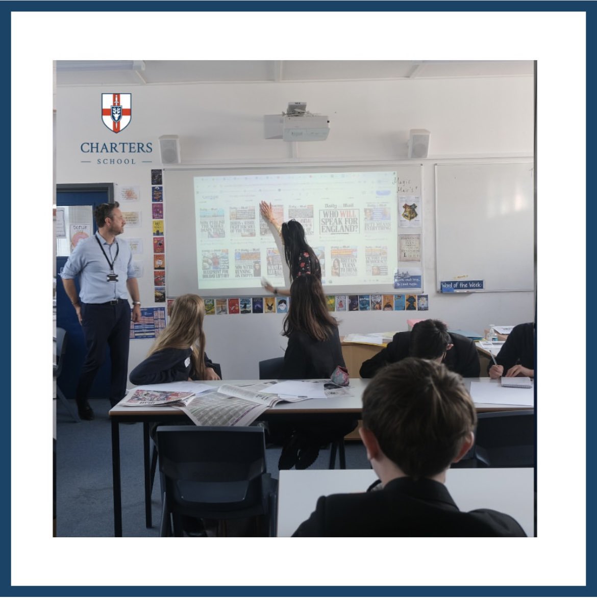 ChartersEnglish's tweet photo. Year 9 students became journalists, graphic designers and editors in order to create a newspaper for 'Handling the News Day' 2024 last week. Each front page was judged by award-winning journalist &amp; Charters School Trustee, @jtoneysbeat. #unityrespectexcellence https://t.co/qzitaMb1dJ