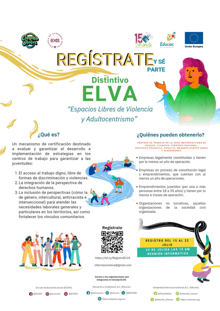 CompasJoven (@compas_joven) on Twitter photo Sé parte del Distintivo Espacios Libres de Violencia y Adultocentrismo (ELVA)
Registro del 15 al 22 de julio en:
bit.ly/RegistroELVA
informacionelva@gmail.com
Unión Europea en México | #CooperaciónUEMX
Educiac | SiKanda | ECOOS
#CompásJoven
#ELVA
#DISTINTIVOELVA
#Juvent Sé parte del Distintivo Espacios Libres de Violencia y Adultocentrismo (ELVA)
Registro del 15 al 22 de julio en:
bit.ly/RegistroELVA
informacionelva@gmail.com
Unión Europea en México | #CooperaciónUEMX
Educiac | SiKanda | ECOOS
#CompásJoven
#ELVA
#DISTINTIVOELVA
#Juvent