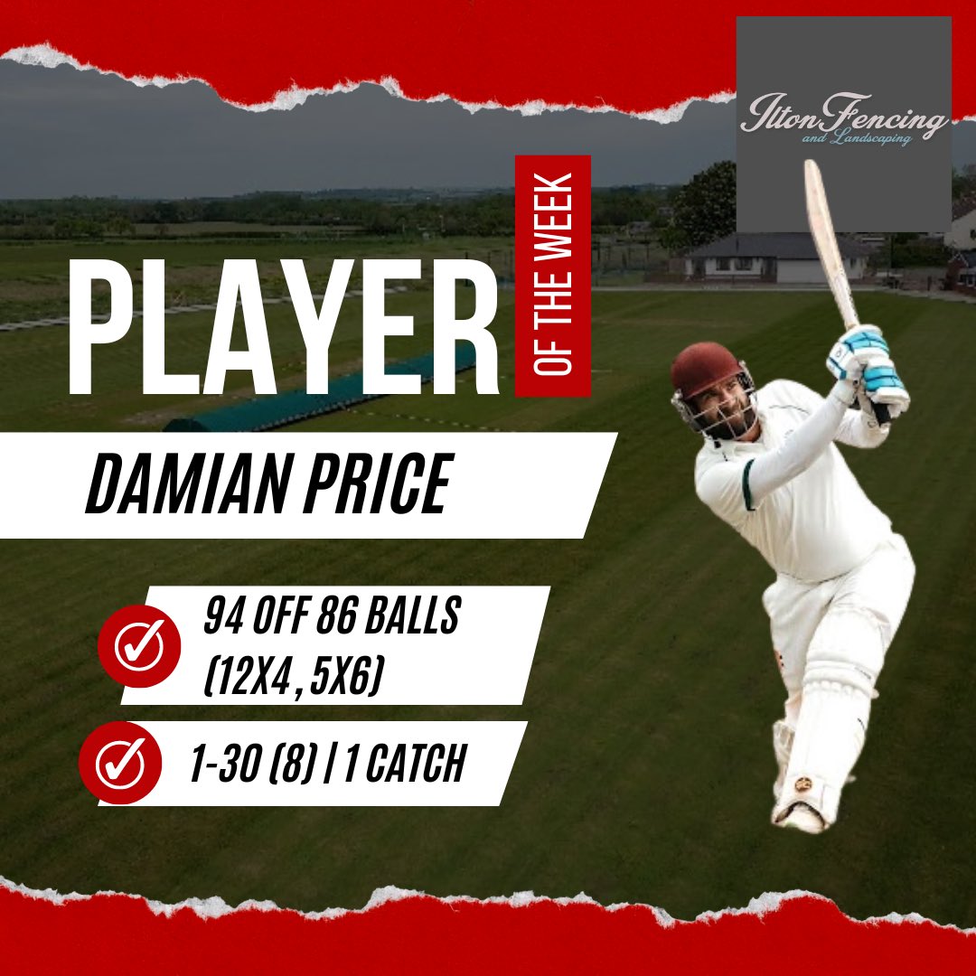Ilton Cricket Club (@iltoncc) on Twitter photo ๐ฃ๐น๐ฎ๐๐ฒ๐ฟ ๐ผ๐ณ ๐๐ต๐ฒ ๐ช๐ฒ๐ฒ๐ธ
๐ Player of the Week goes to Chairman, Damian Price.
๐ Other notable performances include;
Rory Cooper Smith | 63 off 67 balls
Ian Hosken | 3-53 (8)
Carl Lant | 20 off 9 balls
๐คIlton Fencing and Landscaping Servicess
#playeroftheweek ๐ฃ๐น๐ฎ๐๐ฒ๐ฟ ๐ผ๐ณ ๐๐ต๐ฒ ๐ช๐ฒ๐ฒ๐ธ
๐ Player of the Week goes to Chairman, Damian Price.
๐ Other notable performances include;
Rory Cooper Smith | 63 off 67 balls
Ian Hosken | 3-53 (8)
Carl Lant | 20 off 9 balls
๐คIlton Fencing and Landscaping Servicess
#playeroftheweek