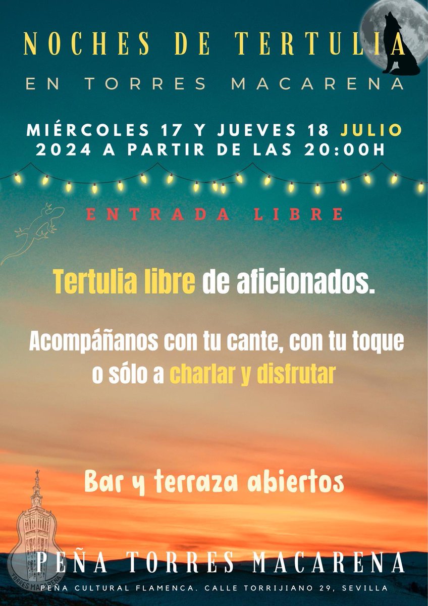 Volvemos en septiembre con nuestro calendario de recitales, pero esta semana aún podéis disfrutar de nuestra tertulia libre de aficionados, miércoles 16 y jueves 17 a partir de las 20:00 horas. ¡Os esperamos!!! 💃🏻💃🏻💃🏻