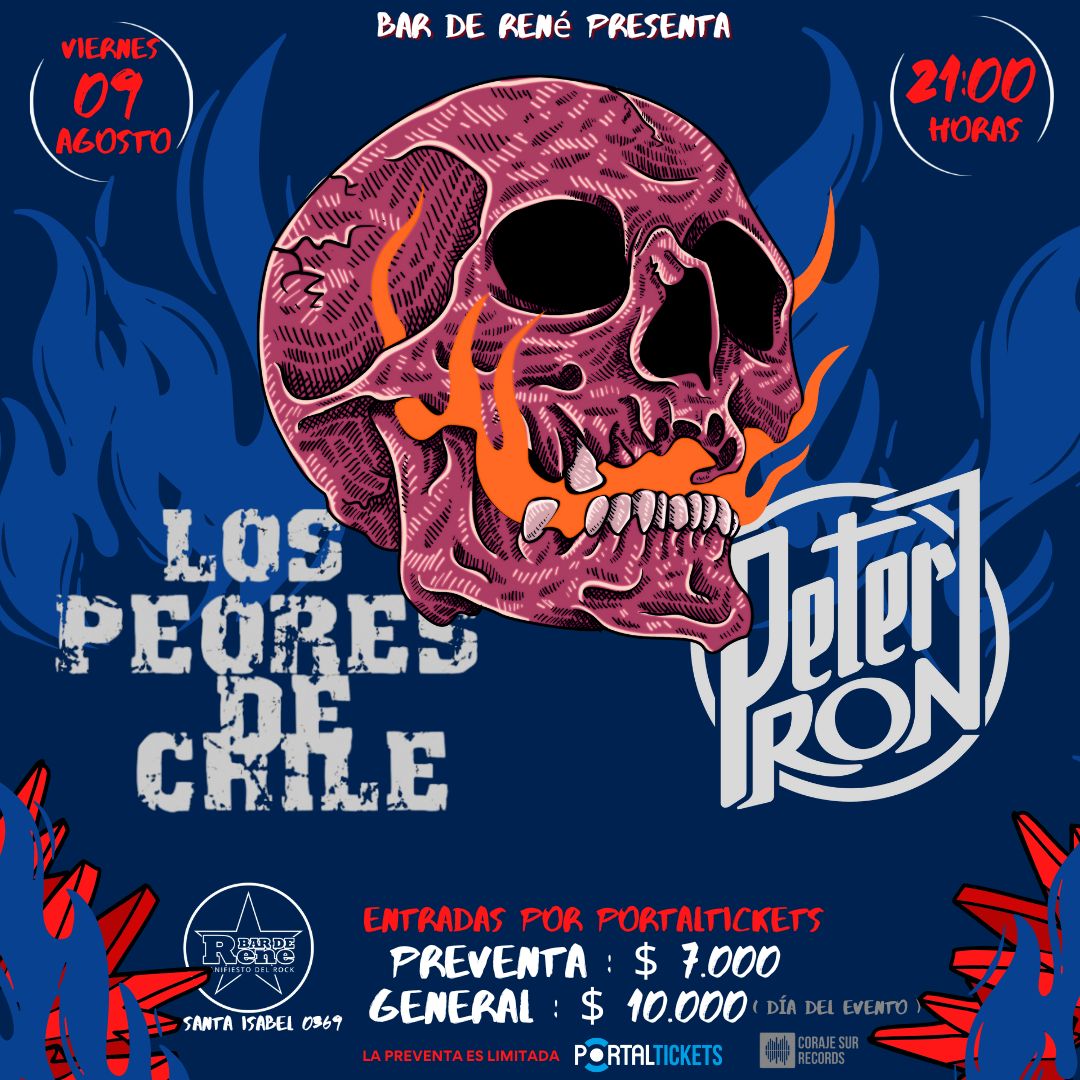 Peter Ron (@peter_ron_rock) on Twitter photo 💥 "𝐋𝐎𝐒 𝐏𝐄𝐎𝐑𝐄𝐒 𝐃𝐄 𝐂𝐇𝐈𝐋𝐄" 𝐲 "𝐏𝐄𝐓𝐄𝐑 𝐑𝐎𝐍" 💥
En el Mítico <a href="/BardeReneOficia/">Bar de René</a> en una noche en llamas 🔥
.
📍Viernes 09 de Agosto, 21:00 Hrs.
📍Bar de Rene: Sta. Isabel 0369, Barrio Italia
📍𝐄𝐧𝐭𝐫𝐚𝐝𝐚𝐬 aquí: portaldisc.com/evento/lospeor… 💥 "𝐋𝐎𝐒 𝐏𝐄𝐎𝐑𝐄𝐒 𝐃𝐄 𝐂𝐇𝐈𝐋𝐄" 𝐲 "𝐏𝐄𝐓𝐄𝐑 𝐑𝐎𝐍" 💥
En el Mítico <a href="/BardeReneOficia/">Bar de René</a> en una noche en llamas 🔥
.
📍Viernes 09 de Agosto, 21:00 Hrs.
📍Bar de Rene: Sta. Isabel 0369, Barrio Italia
📍𝐄𝐧𝐭𝐫𝐚𝐝𝐚𝐬 aquí: portaldisc.com/evento/lospeor…