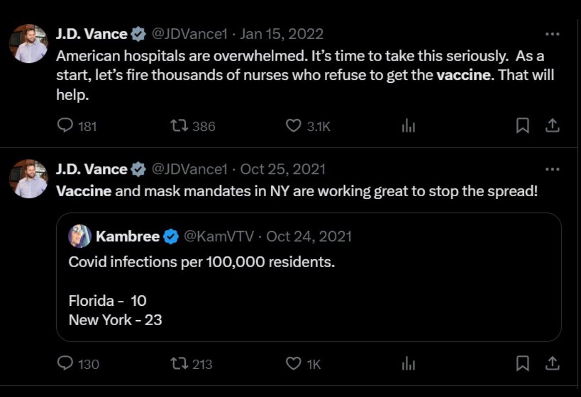 2Swerdy's tweet photo. “Let’s fire thousands of nurses who refuse to get the vaccine.”

“Vaccine and mask mandates in NY are working great to stop the spread!”

- JD Vance

Don’t worry guys, Trump will drain the swamp this time! 😂🤣🤡🌎 https://t.co/6RKfYQe0rH