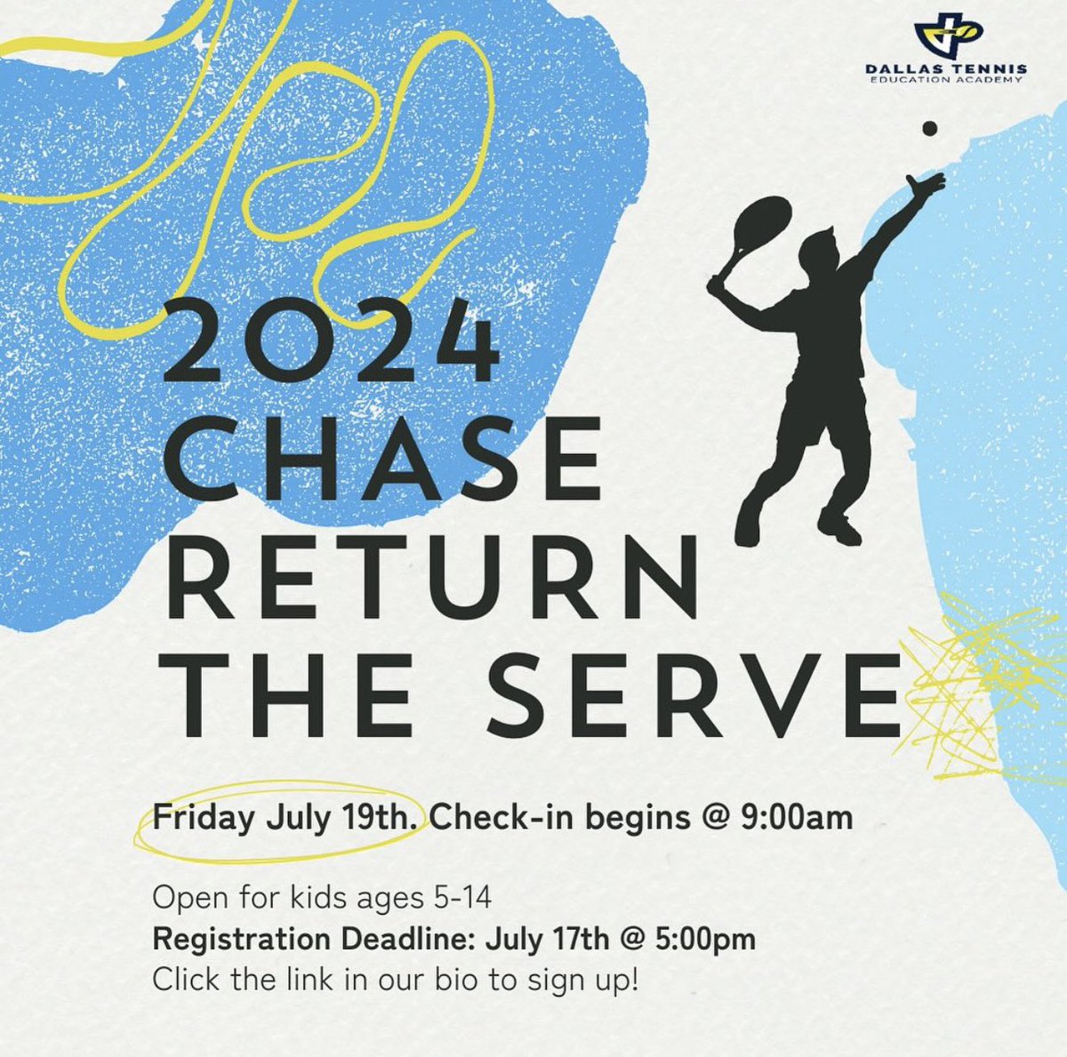 THIS FRIDAY ‼️

We are hosting our annual Chase Return the Serve Event! 

What should you expect? A FUN day of tennis, games, prizes, bouncy houses, &amp; a FREE lunch is provided! 

📍 Located at Kiest Tennis Center 

Link is in our our bio to register!