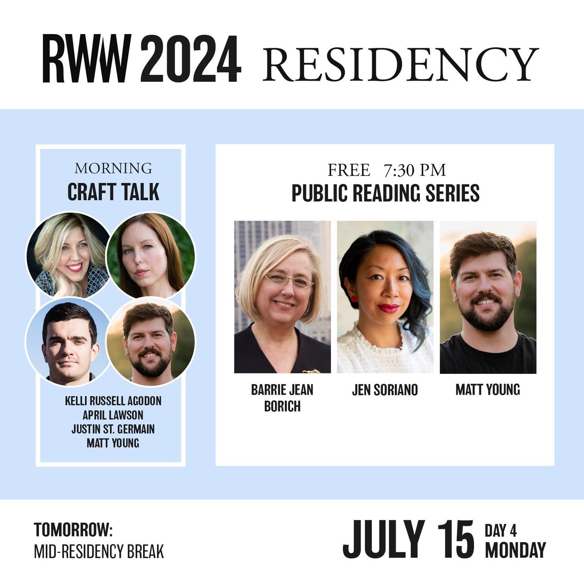 The Rainier Writing Workshop (@plu_rww) on Twitter photo Today is Day 4 of our #RWW summer residency! Join us in the #PLU Scandinavian Center tonight for a free reading from authors <a href="/BOOKofBJB/">Barrie Jean Borich</a>, <a href="/LionsWrite/">Jen Soriano</a>, and Matt Young.
#MFA #RWW2024 Today is Day 4 of our #RWW summer residency! Join us in the #PLU Scandinavian Center tonight for a free reading from authors <a href="/BOOKofBJB/">Barrie Jean Borich</a>, <a href="/LionsWrite/">Jen Soriano</a>, and Matt Young.
#MFA #RWW2024