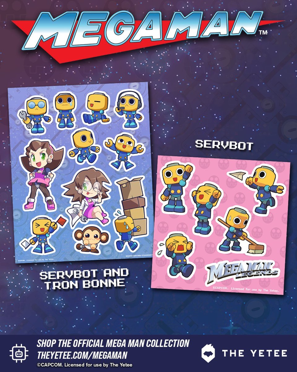 MegaMan's tweet photo. We sent a few Servbots over to @theyetee to help our friends out with their new sticker sheets! Find these adorable little guys right now in the full Mega Man collection: 

👕 https://t.co/MwAAAvL3uX https://t.co/OwDa9acTfS