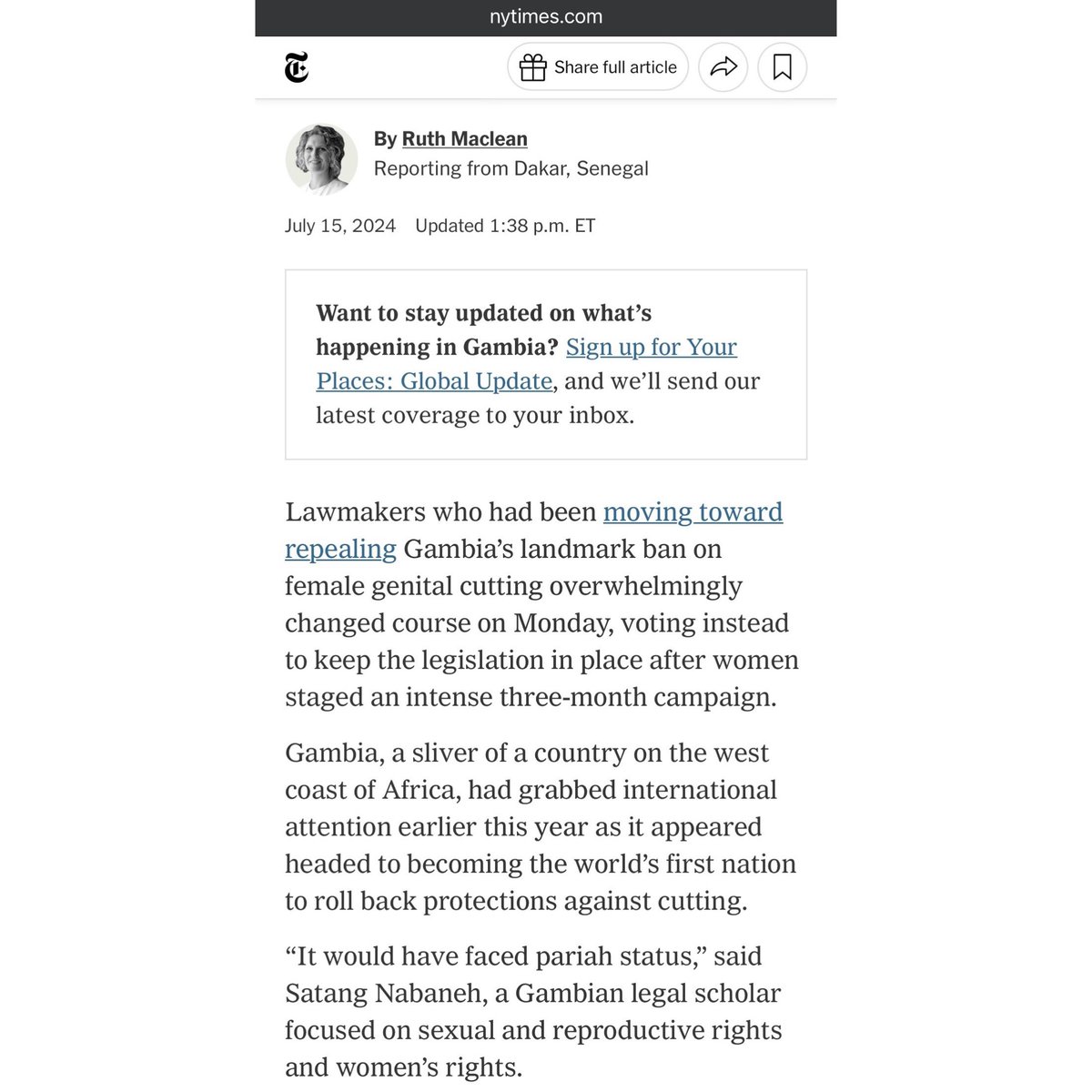 Satang Nabaneh Cham (@drsatangnabaneh) on Twitter photo #Gambia votes to KEEP ban on #FGM
“This is a significant win for women and girls in The Gambia but also beyond,” quoted in the New York Times. Reversal would've been devastating, including “pariah status.”
Thanks, <a href="/ruthmaclean/">Ruth Maclean</a>!
Read ⏩: nytimes.com/2024/07/15/wor…
#EndFGM220 #Gambia votes to KEEP ban on #FGM
“This is a significant win for women and girls in The Gambia but also beyond,” quoted in the New York Times. Reversal would've been devastating, including “pariah status.”
Thanks, <a href="/ruthmaclean/">Ruth Maclean</a>!
Read ⏩: nytimes.com/2024/07/15/wor…
#EndFGM220