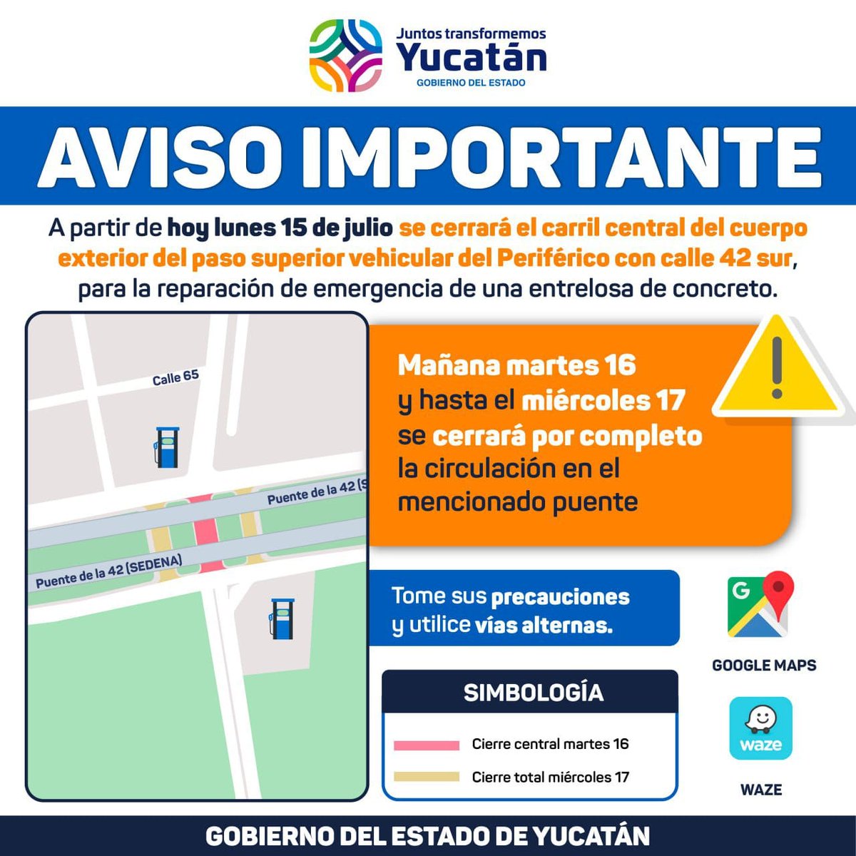 DiariodeYucatan's tweet image. #DYinforma | ¡Tomen sus precauciones! 📷 Por trabajos de mejora a la movilidad, la vialidad del carril central del cuerpo exterior del paso superior vehicular del #Periférico con calle 42 sur permanecerá cerrada hoy lunes 15 de julio, además el martes 16 de julio y el miércoles