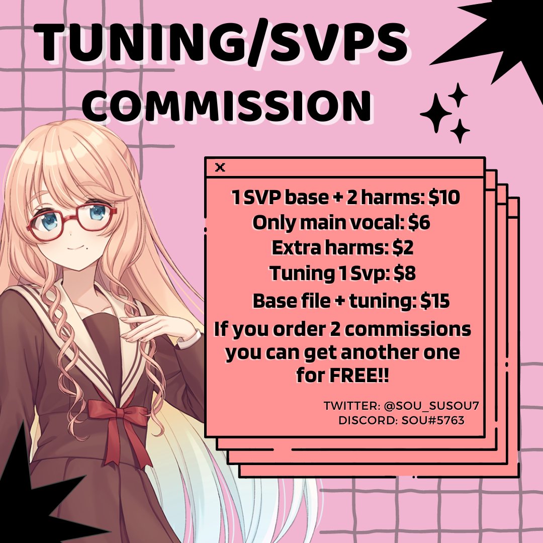 sou_susou7's tweet photo. Hello everyone! I'm updating/lowering some of my previous prices and I've just opened for VSQx/Vocaloid Tuning commissions! RTs are appreciated! 🫶

I'll leave you some examples of my work below! 👇

#Commission #VOCALOID #SynthetizerV https://t.co/YMtVpPsYll