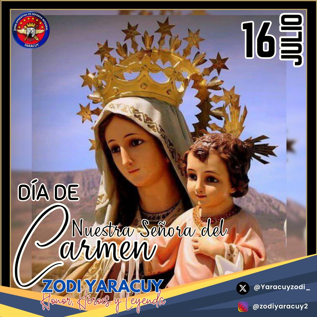 Hoy #16Jul se celebra el Día de la Virgen del Carmen, una festividad importante en la tradición católica de Venezuela, y su papel como patrona del Ejército Bolivariano refleja la importancia de la fe y la espiritualidad en la vida militar del país. 

#ZODIYaracuy
