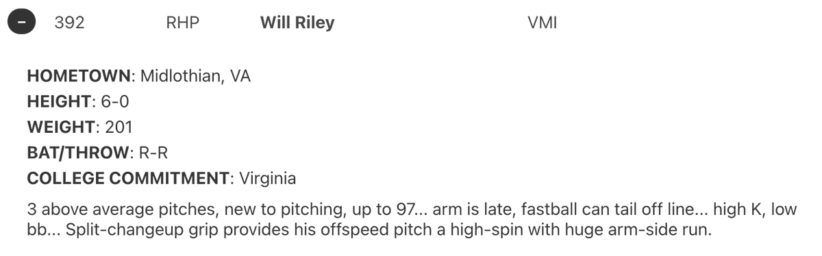 The Seattle Mariners select VMI RHP Will Riley in the 8th. Had moments of dominance but control/command would come and go. It's a really, really good arm. Super quick with a slider that blossomed late in the season.