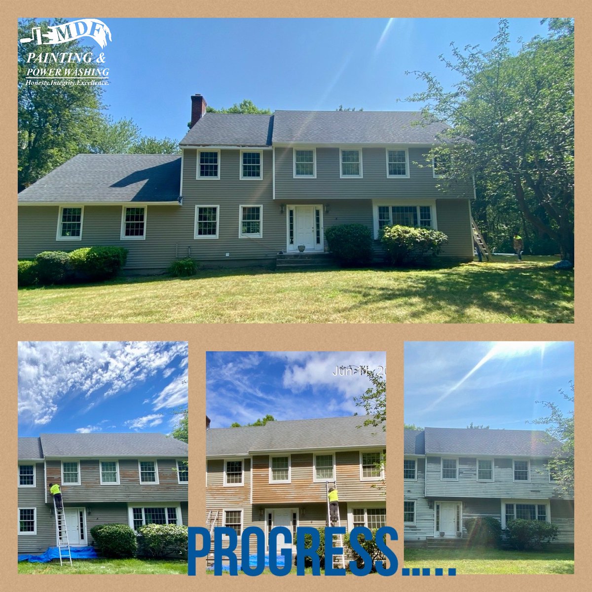 MDFpainting's tweet photo. The stages of an exterior paint project--from carpentry, to sanding/prep, to primer---to the finished product at the top! Our Madison, CT client's home looks fresh and beautiful! #exteriorpainting #exteriorstaining #prepwork #sanding #progress #ctpainters #ctcontractor https://t.co/tm8kBVN4NL