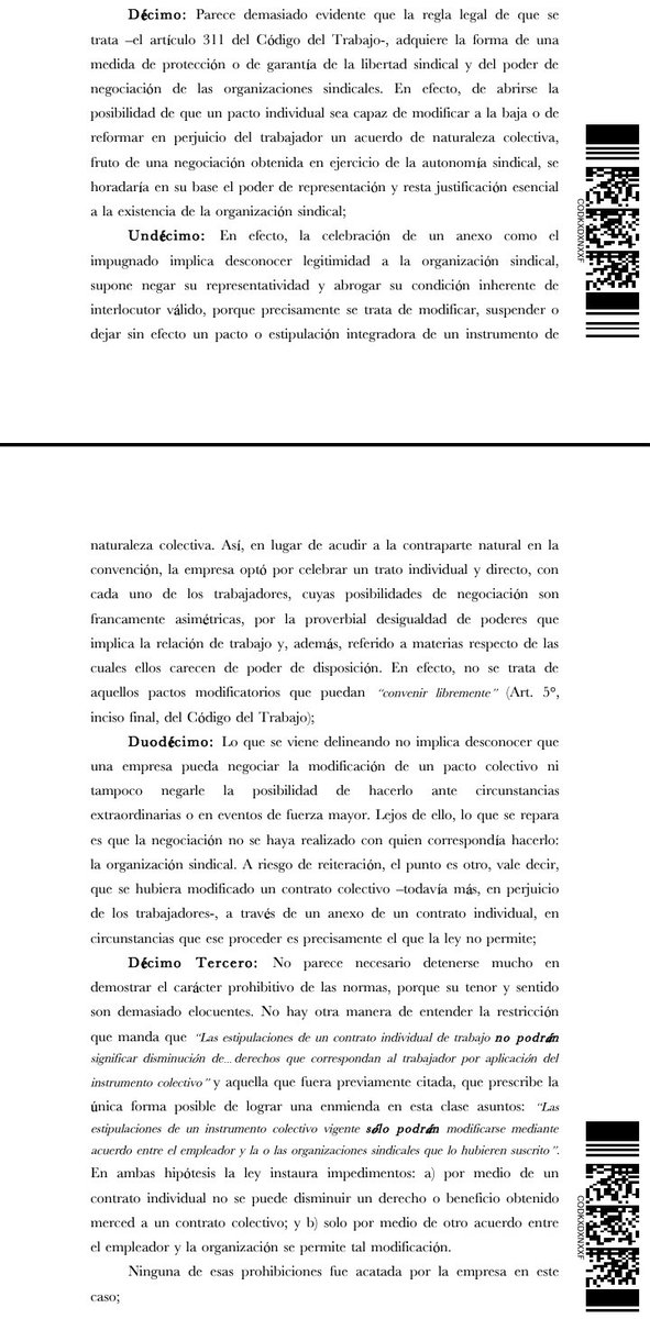 migueldowney's tweet photo. C.A. de Santiago declaró la nulidad de anexo individual que establecía una disminución de remuneraciones pactadas en el contrato colectivo, disminución motivada por la contigencia del Covid 19, ya que el empleador debió negociarlo con el sindicato. Recién confirmada CS (64576-23) https://t.co/YYB1idD4Vm