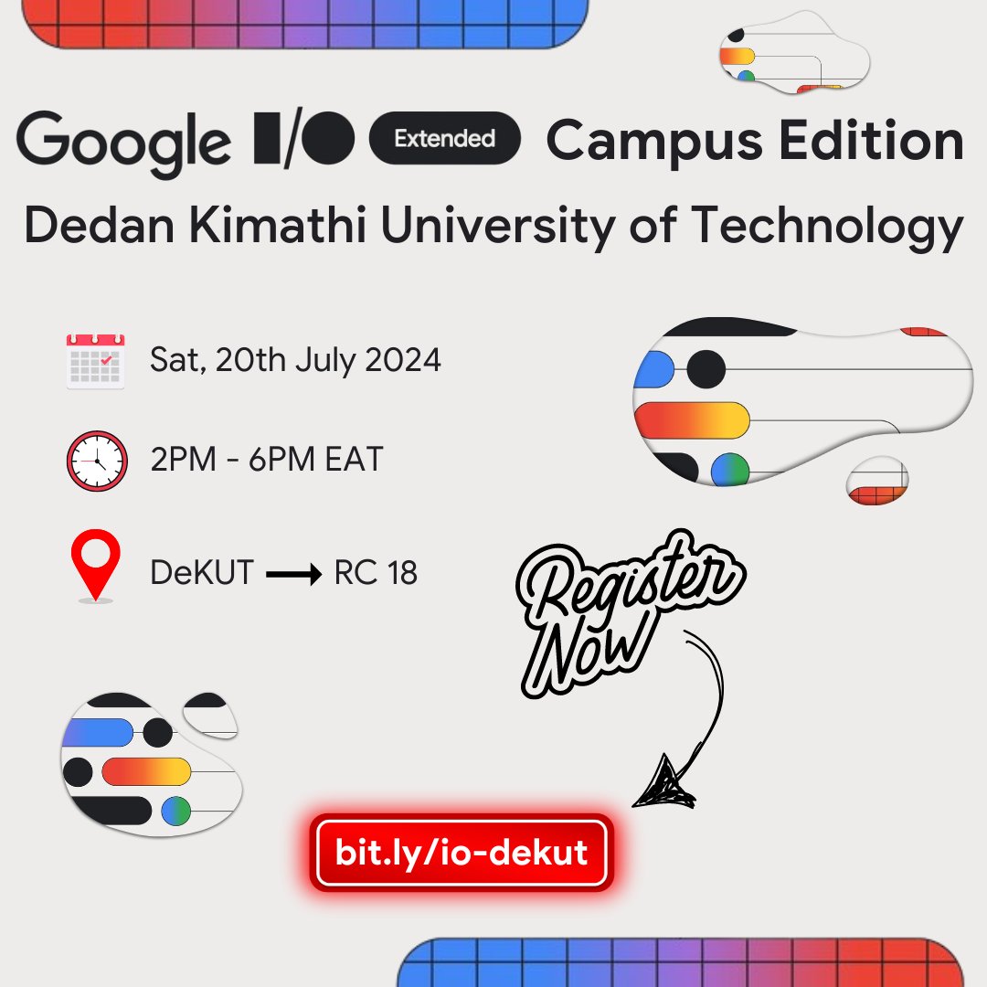 gdsc_dekut's tweet photo. Google I/O Extended - Campus Edition, right here at @DeKUTkenya! 🥳

We will have technical talks, workshops, and more... 🔥

This event is open to every student - so come join us for a day of learning, sharing, and inspiration 🚀

Learn more and RSVP: https://t.co/KtEl0Ltq7f https://t.co/Blarda1sj2