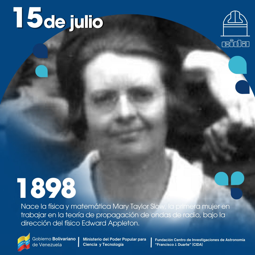 #15deJulio de 1898

Nace la física y matemática Mary Taylor Slow, la primera mujer en trabajar en la teoría de propagación de ondas de radio, bajo la dirección del físico Edward Appleton.

#CrecimientoProductivo #MéridaCiudadCientífica #MujeresEnCiencia