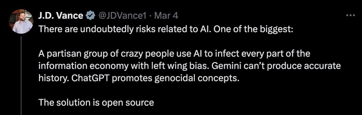 irl_danB's tweet photo. holy shit

not that I’ve ever been a single issue voter
and I’ve never voted for R for prez

but there’s a not insignificant chance the issue of open source AI outweighs all the others combined and I did not have it on my bingo card that any of the candidates would have a policy opinion on this