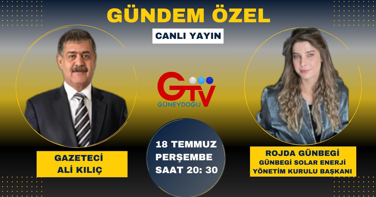 Rojda Günbegi Hartavi (@gunbegirojda) on Twitter photo 18 Temmuz Perşembe günü Saat 20:30 da <a href="/Guneydogu_TV/">📺Güneydoğu TV📺</a> canlı yayın konuğuyuz
Güneş enerjisi hakkında merak ettiğiniz ne var ise cevaplamaya hazırım :) 18 Temmuz Perşembe günü Saat 20:30 da <a href="/Guneydogu_TV/">📺Güneydoğu TV📺</a> canlı yayın konuğuyuz
Güneş enerjisi hakkında merak ettiğiniz ne var ise cevaplamaya hazırım :)