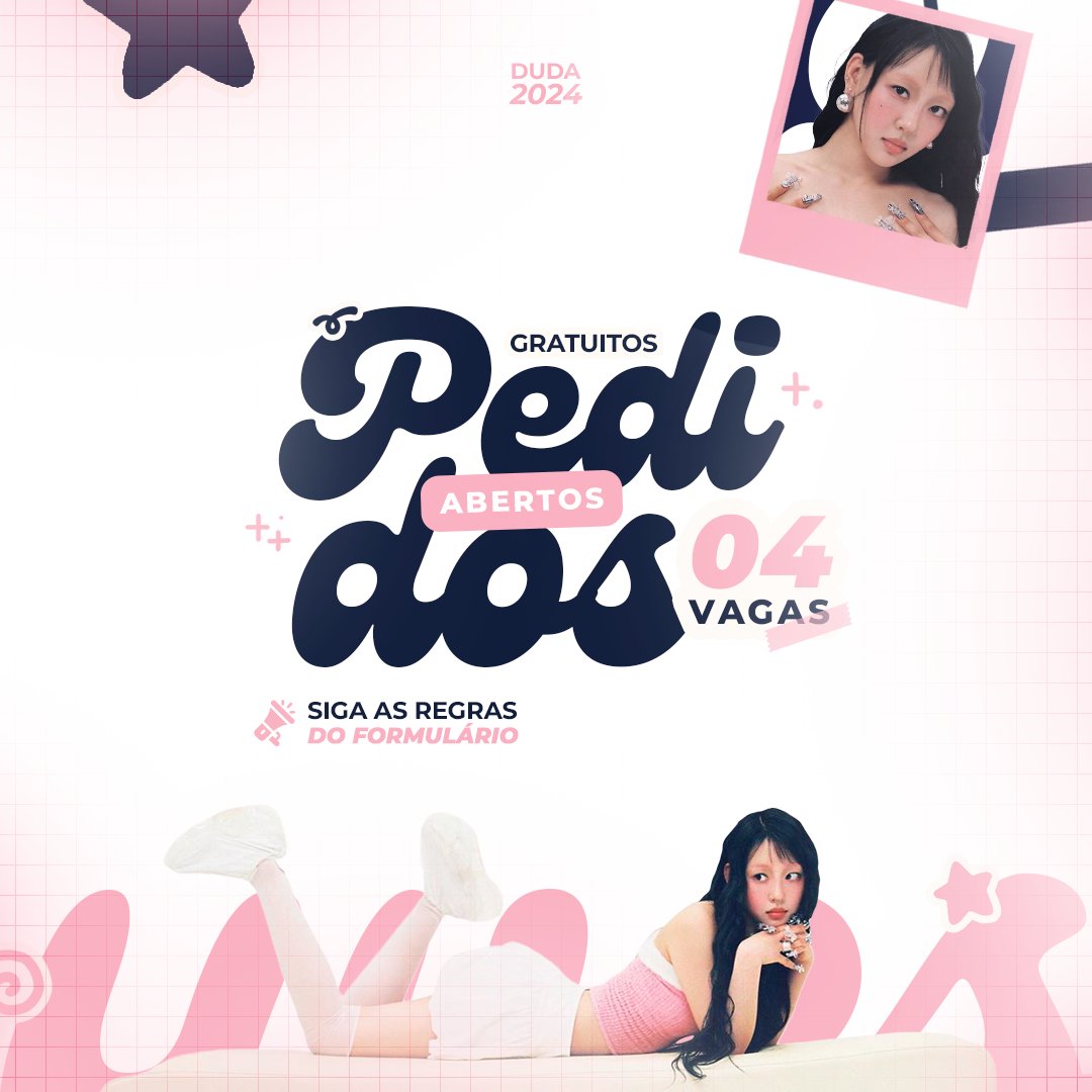 ★ | Pedidos gratuitos abertos! 

• Apenas 4 Vagas.
• Siga as regras do formulário.
• Banner e layout.

Form: forms.gle/PhJUvaL5Y2osvY…
