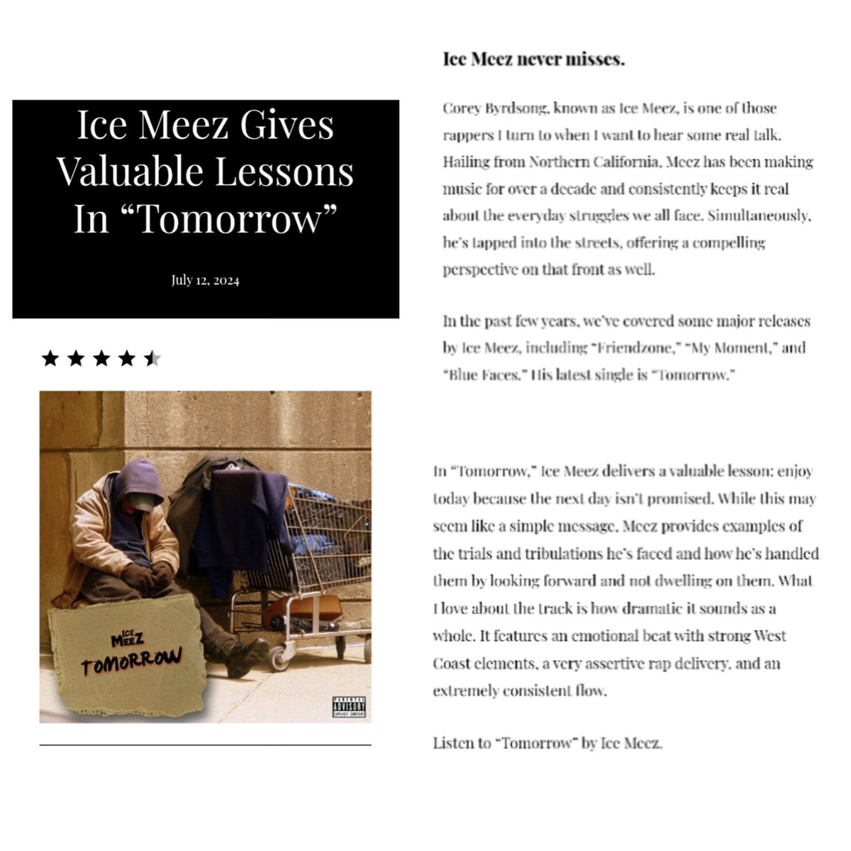 Thank you <a href="/RATINGSGAME/">RGM</a> for the article! I'm honored to be included on the platform!  Head over to their website to read the write up!

RGM Article 
ratingsgamemusic.com/2024/07/12/ice…

Tomorrow ( Music Video )
youtu.be/OPxGXQsgst8?si…

Download &amp; Stream
vyd.co/IceMeezTomorrow