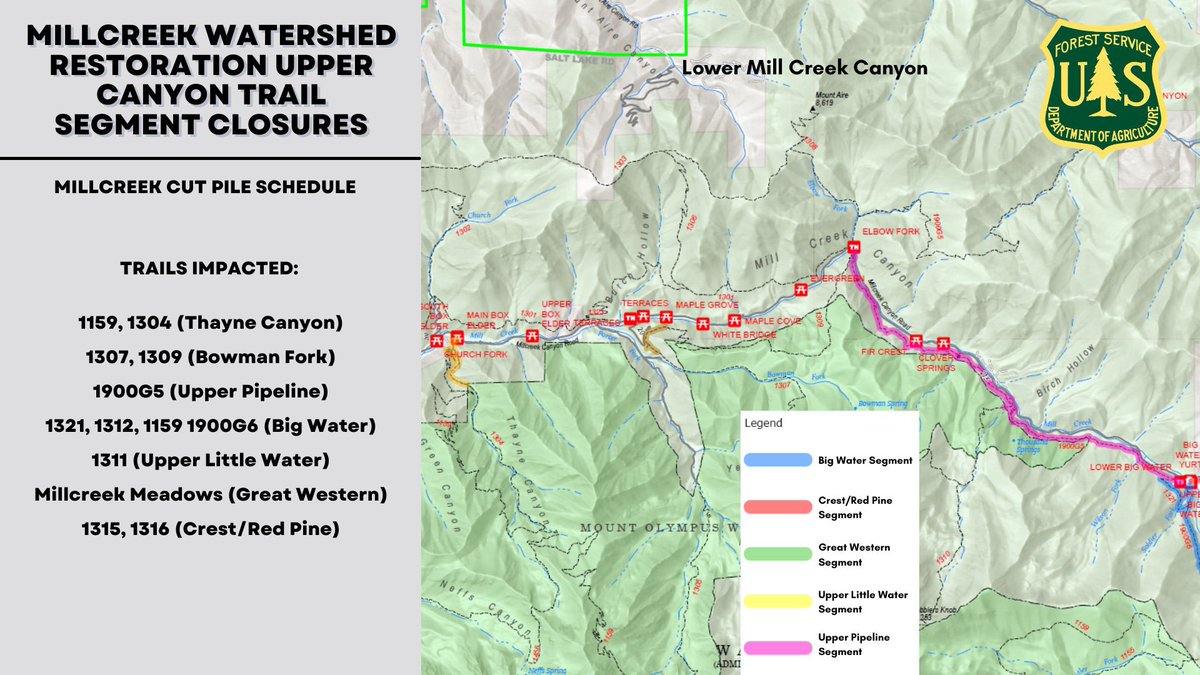 VoteSuz's tweet image. 🚧 Mill Creek Canyon Trail Closures Notice 🚧

Due to the Mill Creek Canyon Watershed Restoration Project, trails will be closed from 6:00 AM to 2:00 PM, Monday through Thursday, with occasional closures on Fridays.

Timeline: July 10 – October 20

#USForestService
