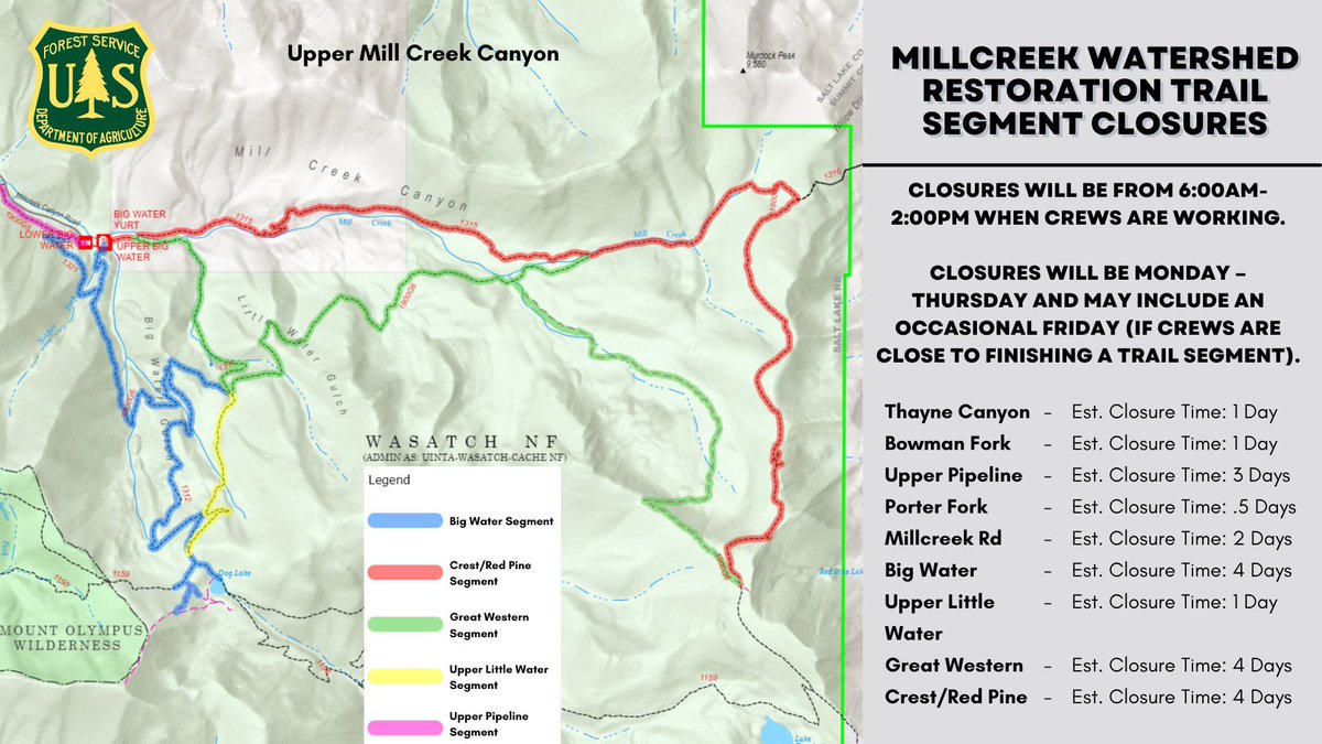 VoteSuz's tweet image. 🚧 Mill Creek Canyon Trail Closures Notice 🚧

Due to the Mill Creek Canyon Watershed Restoration Project, trails will be closed from 6:00 AM to 2:00 PM, Monday through Thursday, with occasional closures on Fridays.

Timeline: July 10 – October 20

#USForestService