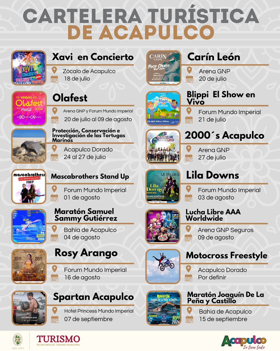 Sectur_Acapulco's tweet photo. ✨#CarteleraTurística de #Acapulco actualizada. 

📰 ¡Asiste con familiares y amigos a los grandes eventos que se presentan en Acapulco durante el 2024 e inicio del 2025! 🎶 🎉 🕺 🎊 🏃 🚴 🎤 🎭

#AcapulcoLoTieneTodo 

#AcapulcoRecargado 🌟
#AcapulcoReloaded 💯

@AcapulcoGob https://t.co/ShU7mFQor4