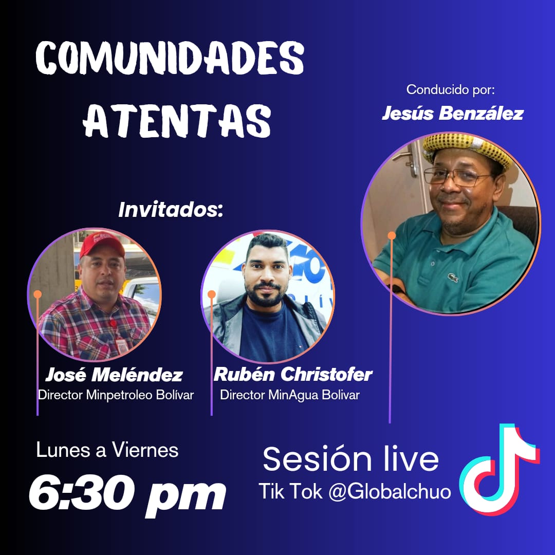 ¡VEA Y ESCUCHE!
 Hoy a las 6:30 PM el programa: "COMUNIDADES ATENTAS"
Por la cuenta TIK TOK : @GLOBALCHUO.

Estará como invitado nuestro Resp. Nal. Obreros y Trabajadores del Campo y la Ciudad <a href="/ChristoferRuben/">Rubén Christofer</a>
 #TupamaroConNico 

<a href="/NicolasMaduro/">Nicolás Maduro</a>