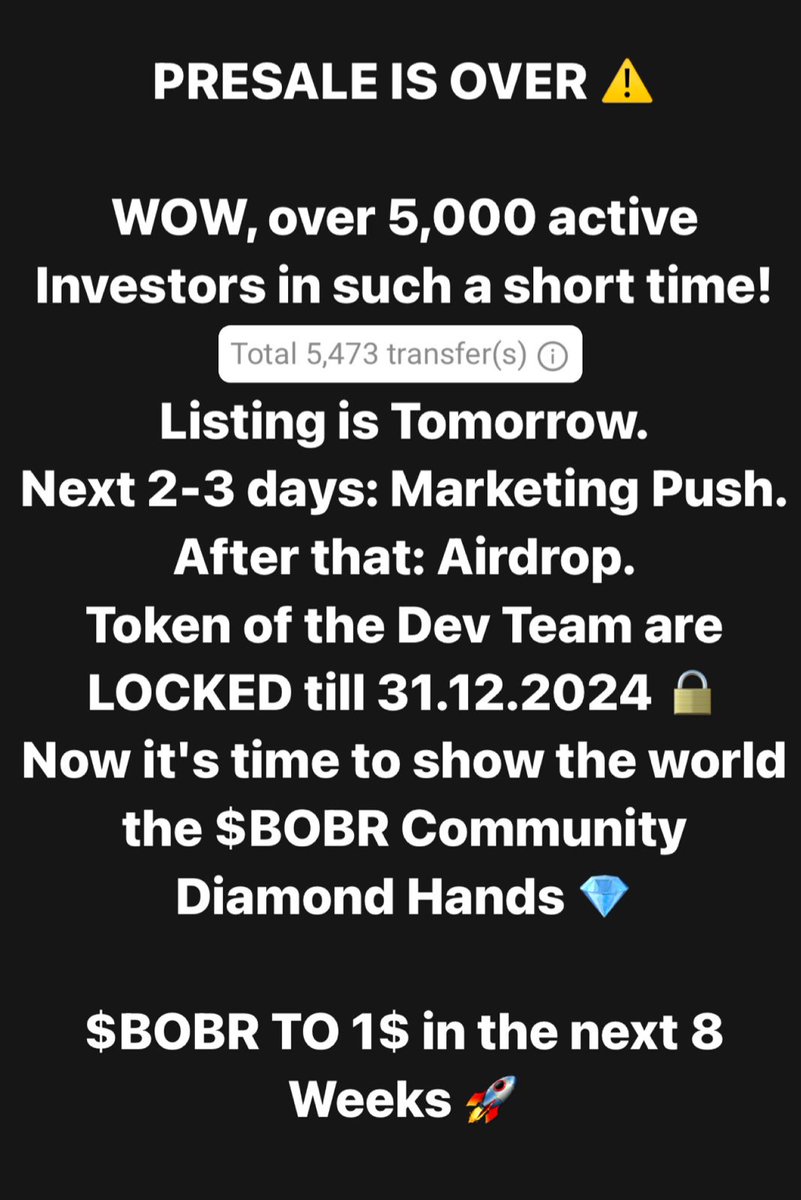 $BOBR is overwhelmed from this strong community and all the support 🙏
Over 5000 active investors joined us in such a short time!

Big things incoming - Stay tuned 🥊👑

With our strong community, we will raise $BOBR to $1! 🚀
Diamond Hands 💎
Team BoxingBeer 🍻🥊