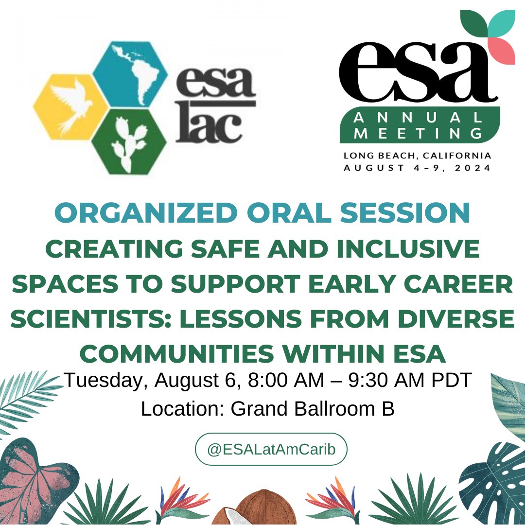 ESALatAmCarib's tweet photo. Ecology needs talented scientists to tackle environmental crises, but many ECRs from diverse backgrounds often feel unwelcome. Creating safe, inclusive spaces is key to recruiting and retaining these scholars. Join this session to discuss fostering diversity in ecology. #ESA2024 https://t.co/rOOTFJpwI2