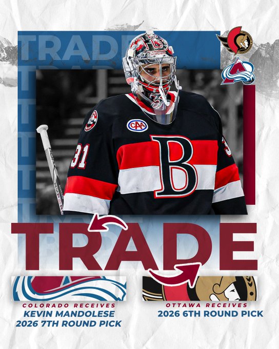 Trade
Kevin Mandolese and a 2026 seventh-round pick from the Ottawa Senators in exchange for a 2026 sixth-round pick. 

