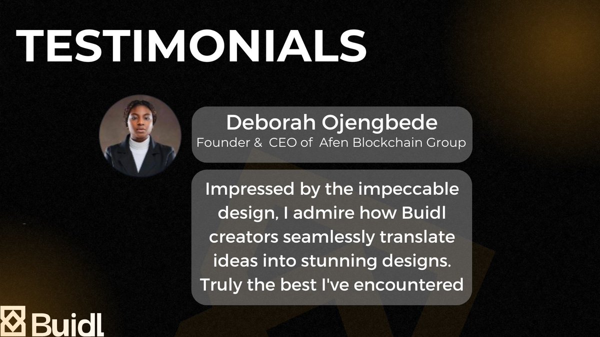 heisnappy's tweet photo. โ TESTIMONIALS:
Here's what Deborah, founder of Afen Blockchain Group, had to say about @buidlhq:
"Impressed by the impeccable design, I admire how Buidl creators seamlessly translate ideas into stunning designs. Truly the best I've encountered
#Buildonbuidl https://t.co/XiImirm7hX