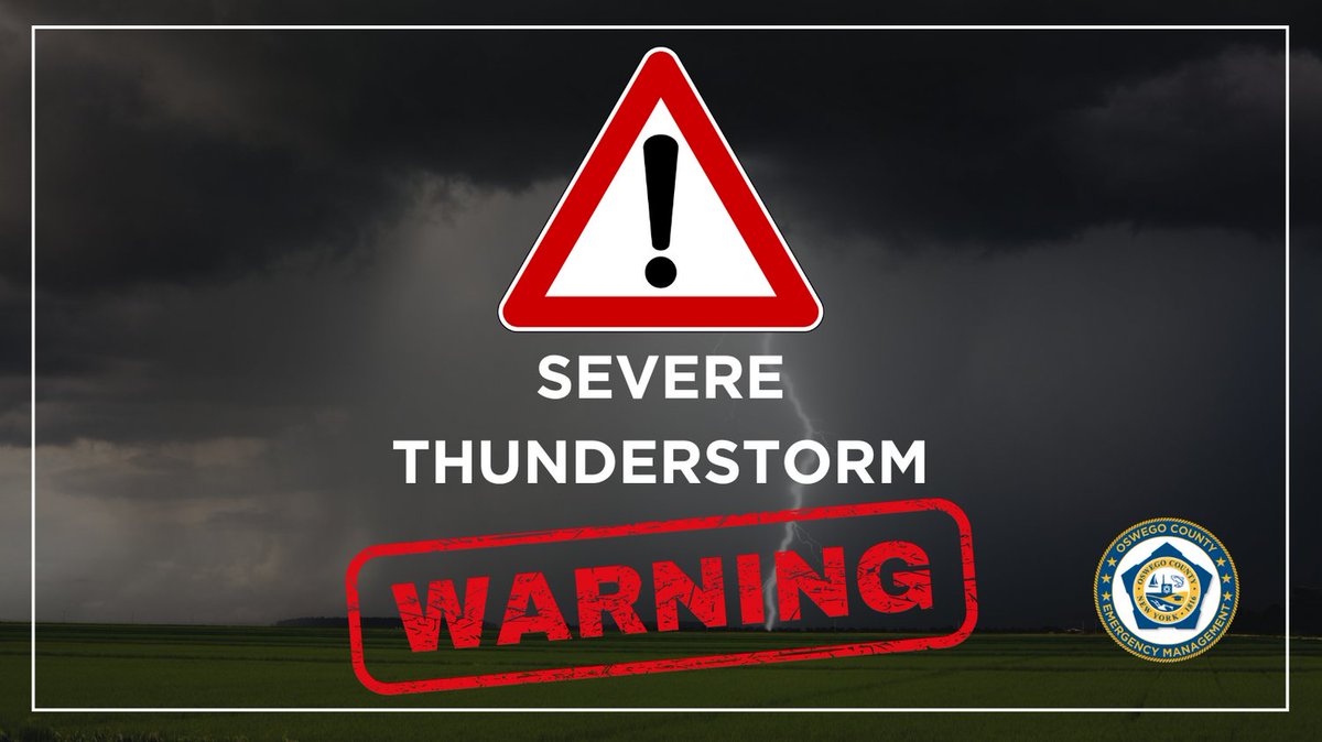 OswegoCountyEMO's tweet photo. A severe thunderstorm warning has been issued in Oswego county for the southwestern portion (subject to change as the storm moves).  Main hazards are strong winds with 70mph gusts and some hail.

Continue to monitor your forecasts, and remember: when thunder roars, go indoors! https://t.co/4LJN6CjZJ2