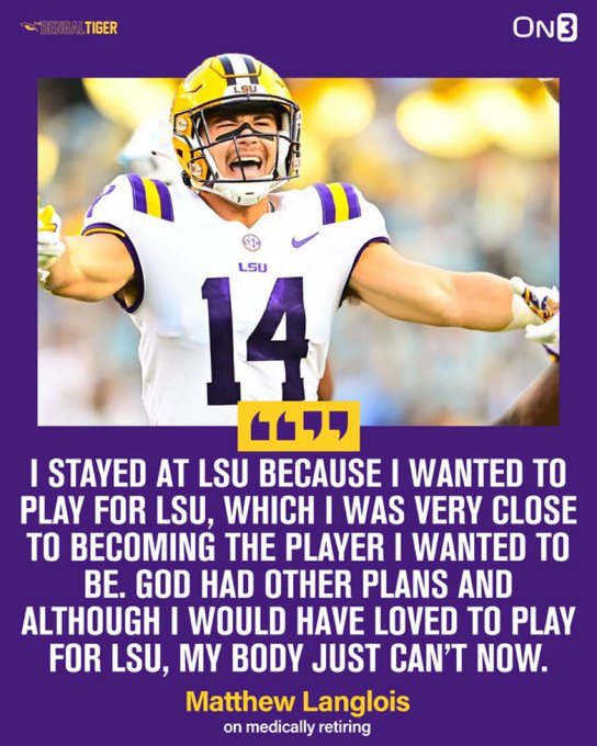 Sheadixon's tweet photo. #LSU DB Matthew Langlois has medically retired from football, he tells me.

The Louisiana native was a Top 5 prospect in the Bayou State and a Top 5 safety in the 2021 class (@On3Recruits).

Langlois opened up on his path with a message to LSU fans. 

🗞️: https://t.co/wtzyKuxq93 https://t.co/0zjnhH2Soe