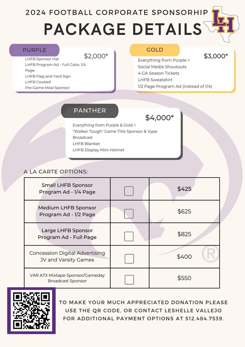 Liberty Hill Football needs corporate sponsorships! 

Please review our sponsorship opportunities and use the link below to purchase.

linktr.ee/LHFB