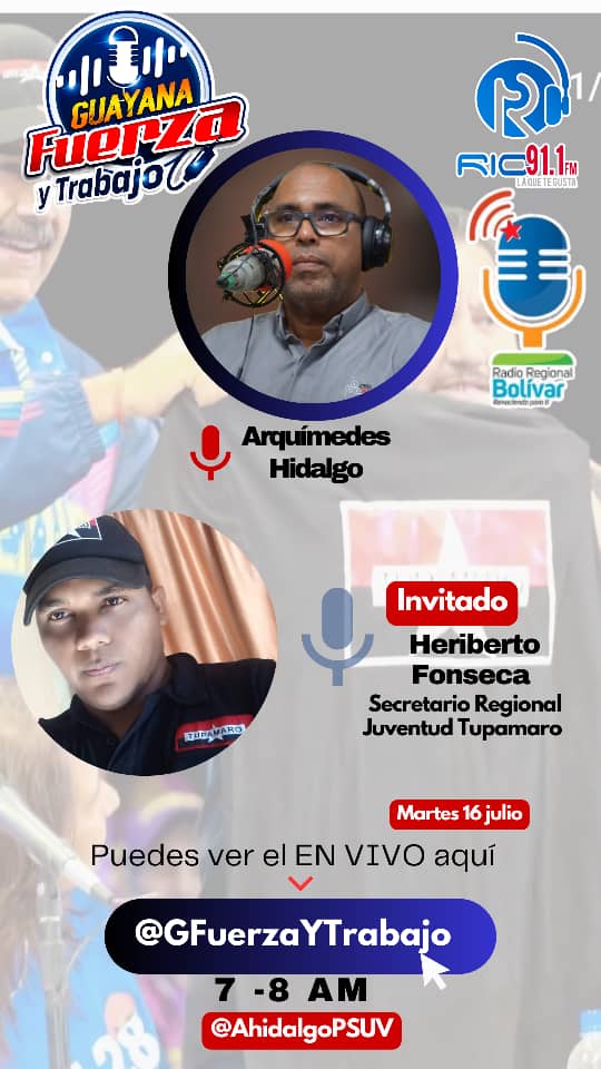 Sintoniza este Martes #16J a las 7:00 am el dial 91.1FM, dónde estará como invitado especial nuestro cámarada <a href="/heriberto_unexp/">Heriberto Fonseca</a> Resp. De la juventud del Edo. Bolivar, en el programa radial <a href="/GFuerzayTrabajo/">GUAYANA FUERZA Y TRABAJO</a> .
#TupamaroConNico 
<a href="/NicolasMaduro/">Nicolás Maduro</a>