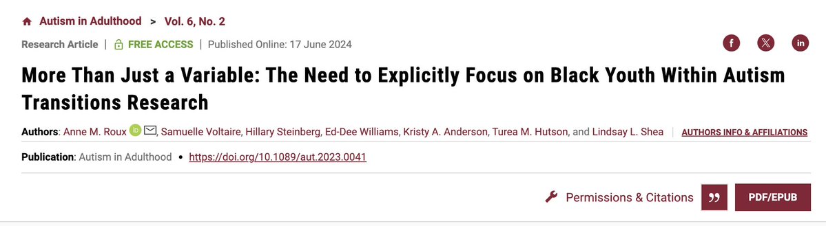 Autism In Adulthood (@autismadulthood) on Twitter photo "More Than Just a Variable: The Need to Explicitly Focus on Black Youth Within Autism Transitions Research" Commentary by <a href="/annemroux/">Anne (Hamtil) Roux, MPH</a> advocates for more research on the barriers that Black autistic youth face as they become adults
Read more shorturl.at/Dd8nZ
FREE to July 26 "More Than Just a Variable: The Need to Explicitly Focus on Black Youth Within Autism Transitions Research" Commentary by <a href="/annemroux/">Anne (Hamtil) Roux, MPH</a> advocates for more research on the barriers that Black autistic youth face as they become adults
Read more shorturl.at/Dd8nZ
FREE to July 26