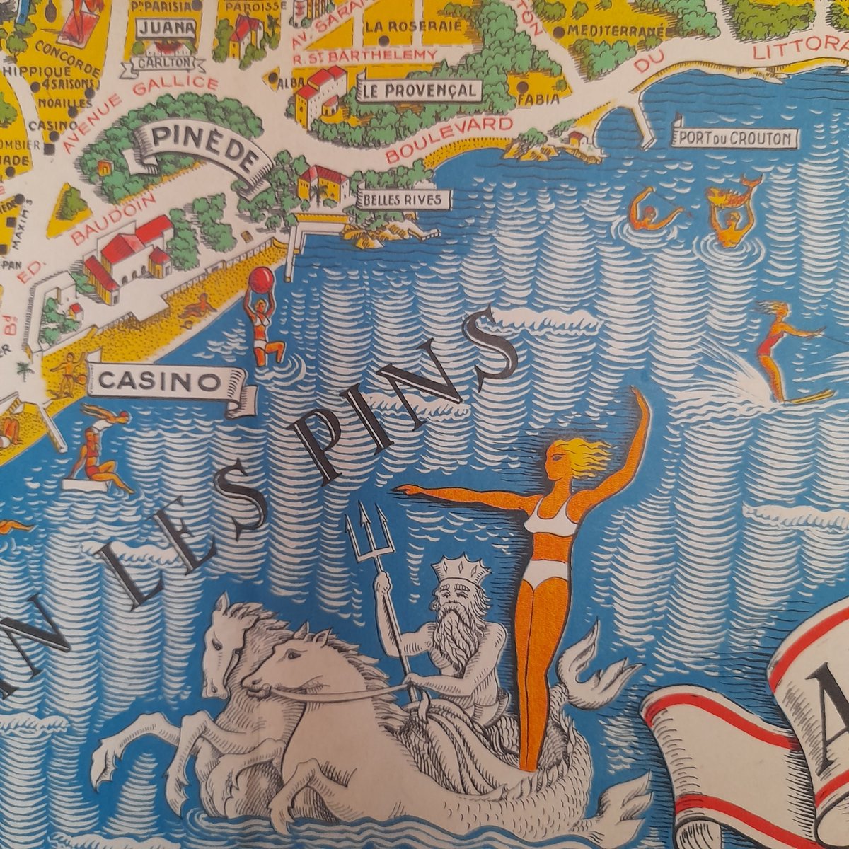 mapmapnmap's tweet image. A beautiful map from the late 1930s, drawn by Vic Raymon, measures around 44*63cm .Juan-les-Pins