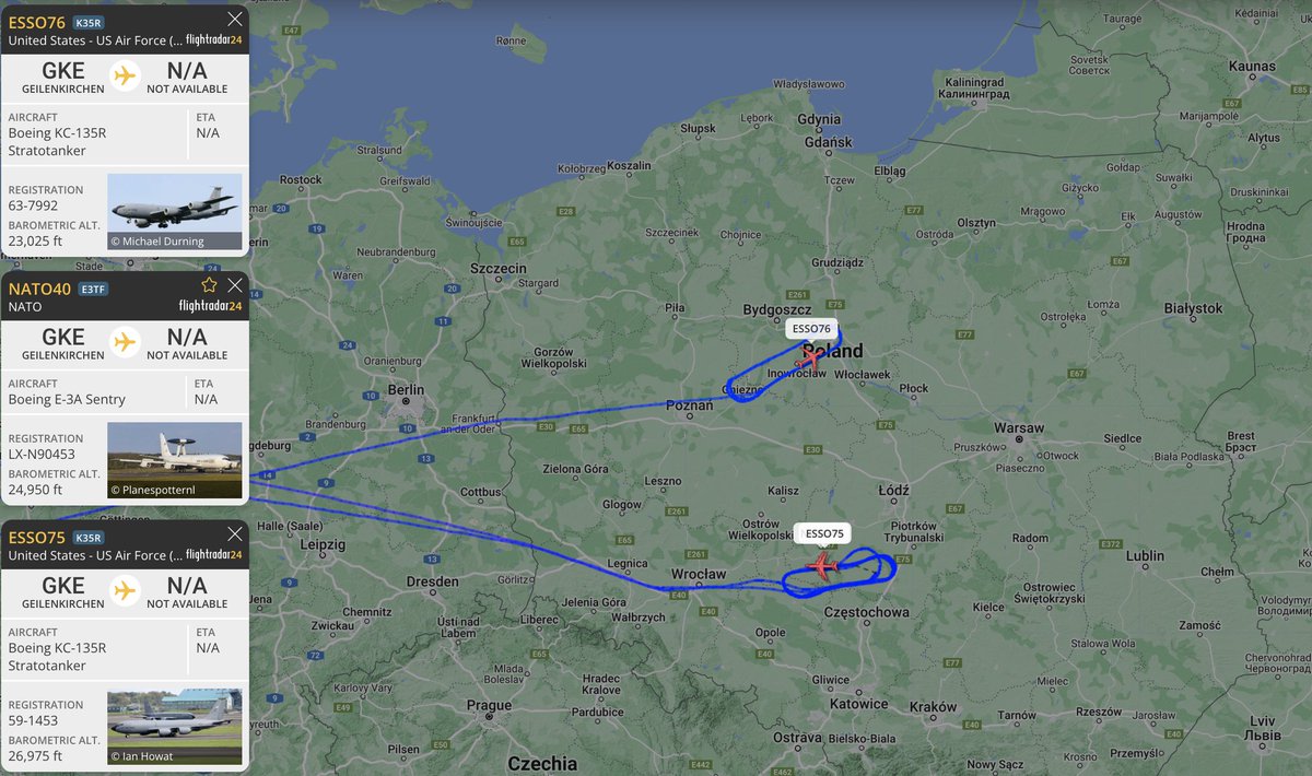 alternativewip's tweet photo. #USAF 2x KC-135R stratotankers seen on the flight radar circling over poland. #ESSO75 #ESSO76
#NATO E-3A sentry awacs looks to be receiving an AAR in the process, all departures from geilenkirchen air base germany. #NATO40 https://t.co/z2BoRsIvOP