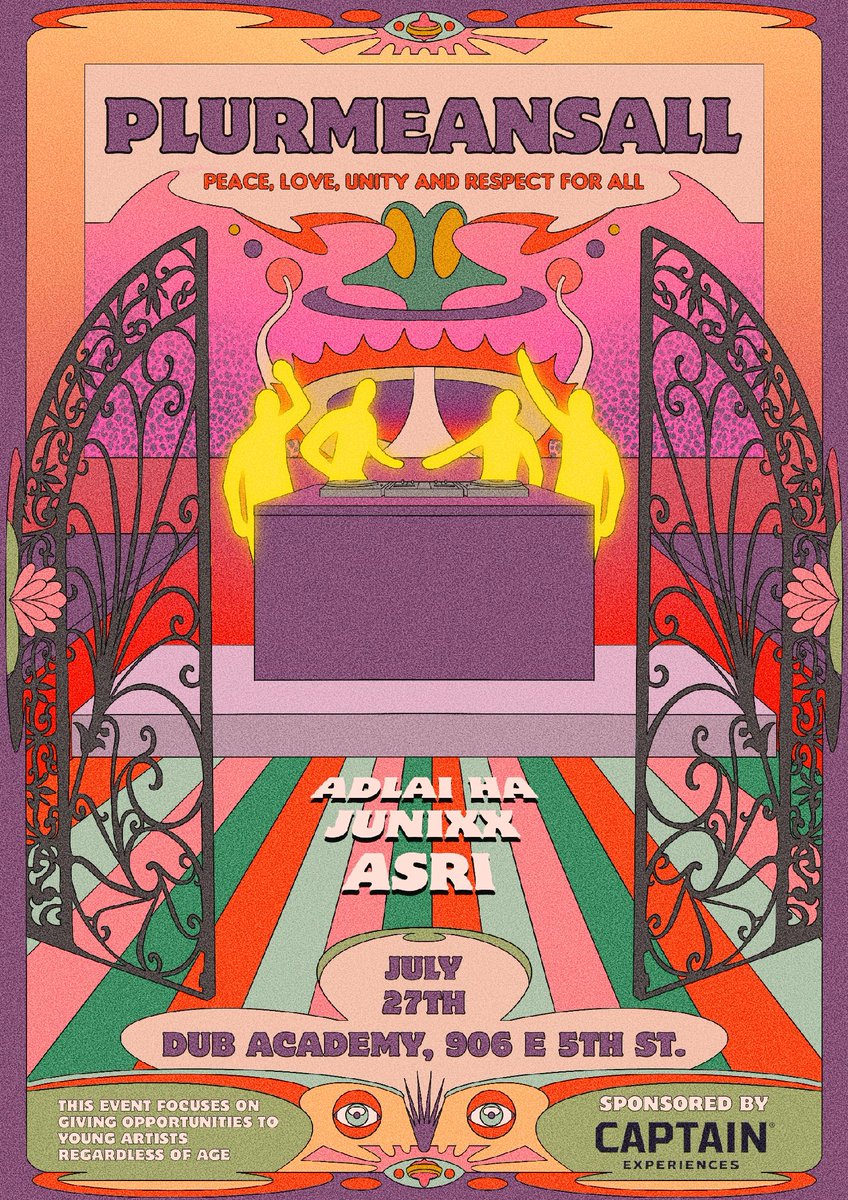 Announcing PLURMEANSALL (Peace, Love, Unity, Respect for All), a free event held to advocate more opportunities for young artists in the EDM industry. Held on July 27th at Dub Academy from 7-10 PM. RSVP using the link in our bio. Additional details about the event are provided...