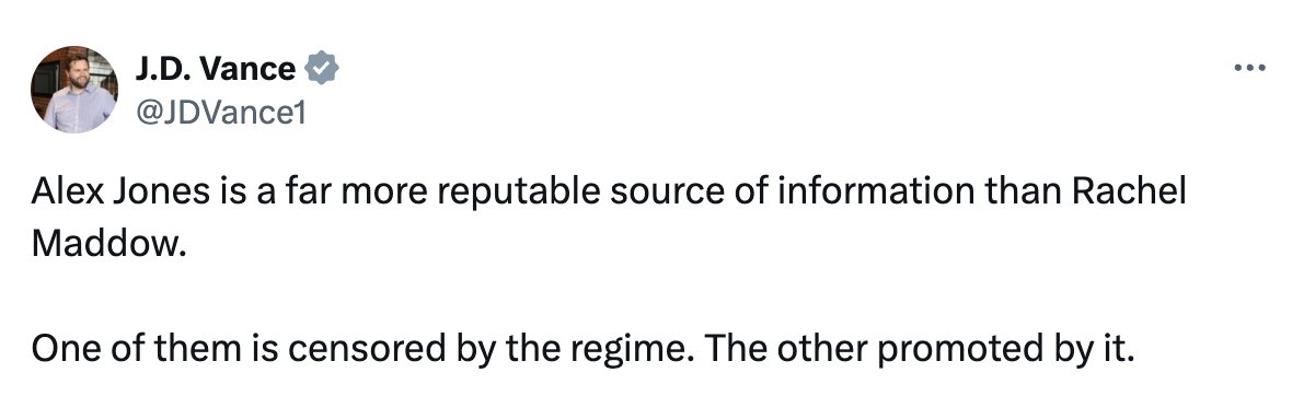 In September 2021, Vance promoted Alex Jones, who claimed that Parkland victims were child actors, as a "reputable source of information"