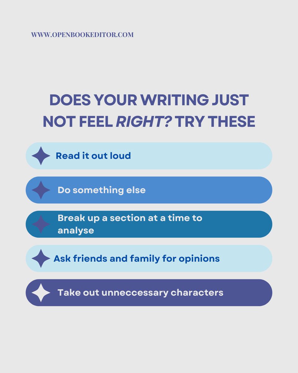 openbookeditor's tweet photo. Sometimes, our writing just doesn’t feel right, no matter what we do... So, it can be important to have some tricks up our sleeve to help us when we can’t quite get our head or our writing in the right place, just like these! #writingtips #writinghack #AuthorsOfTwitter https://t.co/1M28VfgUAR