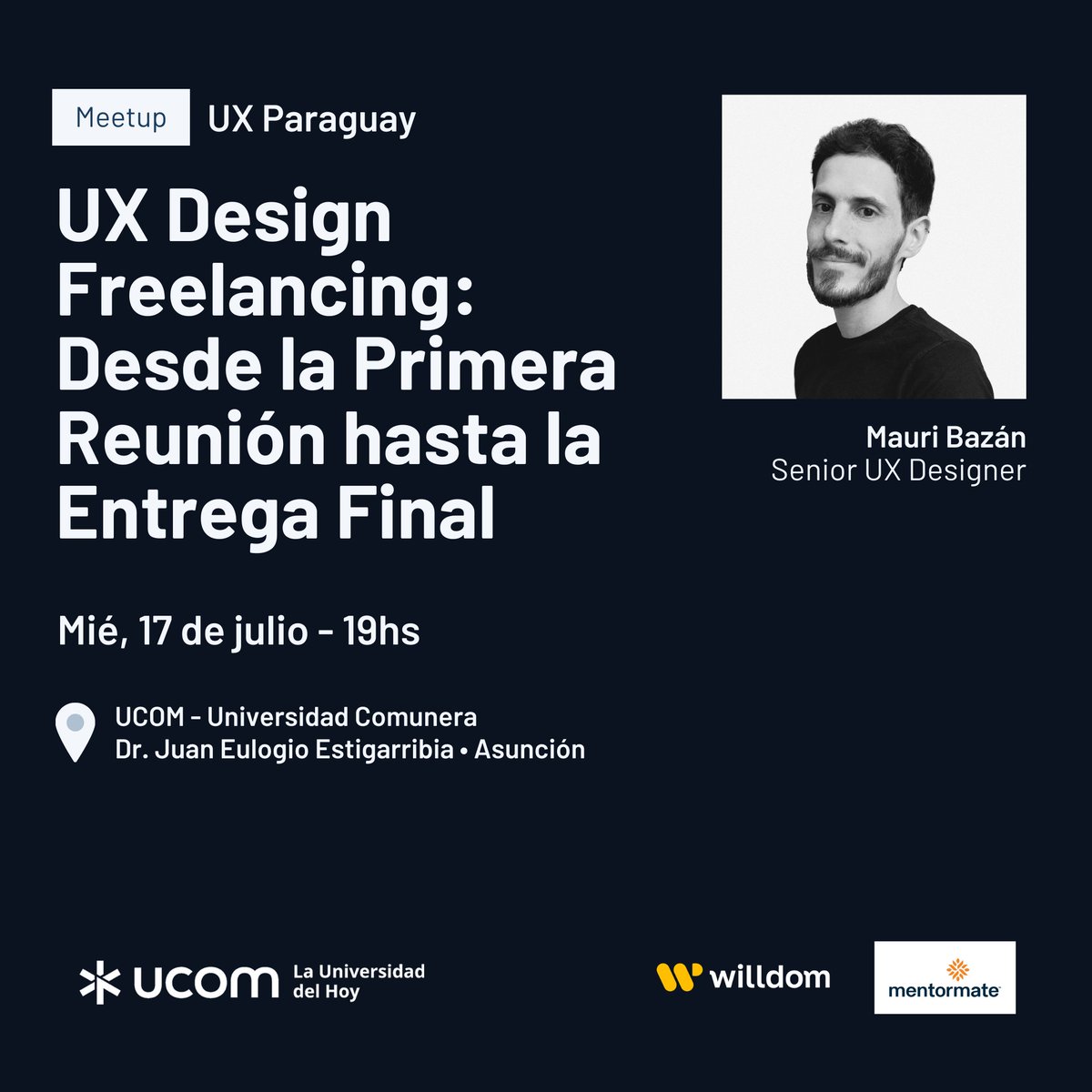 Este miércoles 17 tenemos un nuevo #meetup de UX Paraguay. Mauri Bazán nos va a compartir su experiencia con un proyecto real: desde cómo consiguió el cliente y negoció el precio, hasta su proceso de trabajo completo y el cierre exitoso.

Compartí el evento y anotate 👇