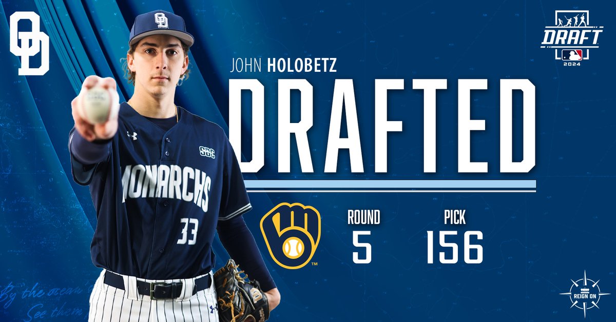 ODUBaseball's tweet photo. 𝘿𝙧𝙖𝙛𝙩𝙚𝙙!

Another Monarch is headed to the pros as the @Brewers select ODU RHP @JHolobetz. 👏

#ODUSports | #ReignOn | #Monarchs https://t.co/jJeJesHY7B