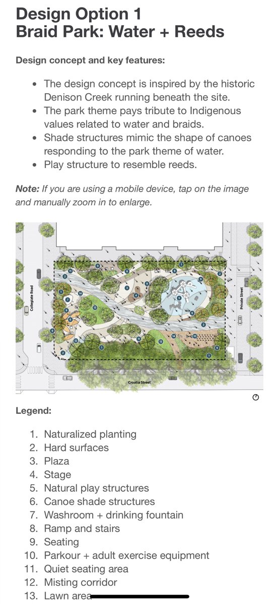 alexbozikovic's tweet photo. These designs for a new Toronto park (70 Croatia) are both seriously flawed.
- Not enough seating 
- Not enough shade
- No relation to adjacent buildings
- Lots of paved space w/o purpose 
- Bits of “lawn” too small to use https://t.co/vHdHnyESDL