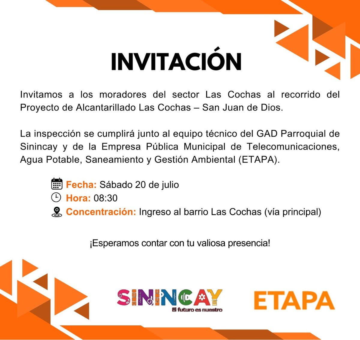 #RecorridoAlcantarillado: 🚨 ¡ATENCIÓN! Invitamos a los vecinos del sector📍Las Cochas, que estén dentro del Proyecto de Alcantarillado Las Cochas - San Juan de Dios, a un recorrido el 20 de julio.
¡El futuro es nuestro! 
Abg. Catalina Vásquez, presidenta del GAD de Sinincay
