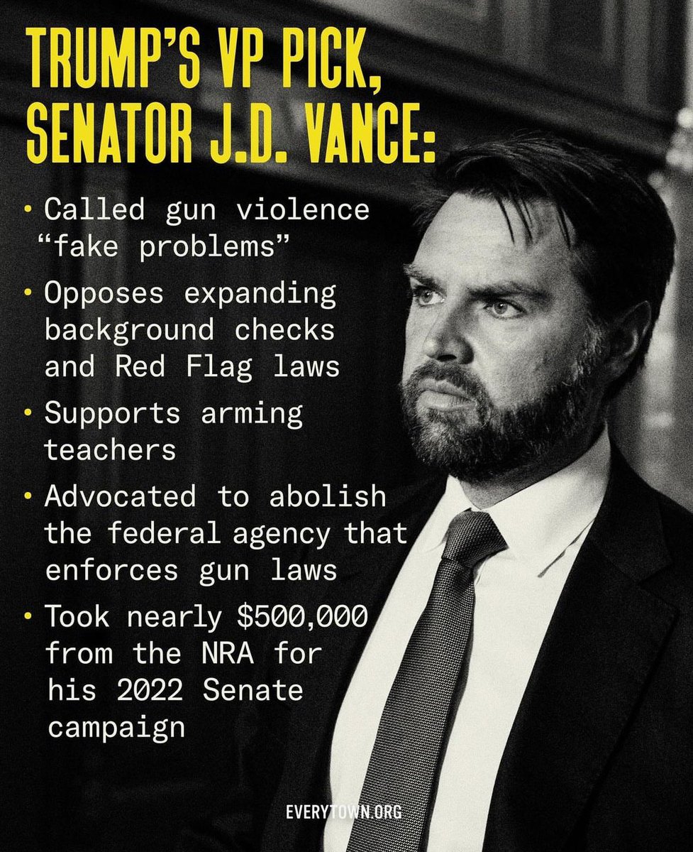StuartRouse's tweet photo. Good news everyone! Two days after Trump was almost murdered by a guy with a gun he announces his choice for Vice President.. a man bought and paid for by the NRA. Oh America, you’re a peach 🇺🇸 🔥 #NRA #Republicans #GOP #ironydeficiency https://t.co/t6W7tiDMvI