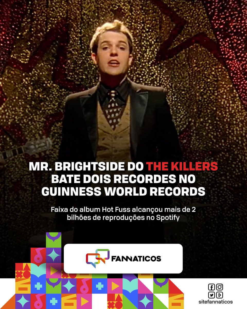 sitefannaticos's tweet photo. Mr. Brightside do The Killers bate dois recordes no Guinness World Records. Saiba mais:

https://t.co/6BwX6MwQFu

#fannaticos #entretenimento #culturapop #nerd #filmes #series #quadrinhos #hq #fama #games #musica #livros https://t.co/07Qh79Szhj