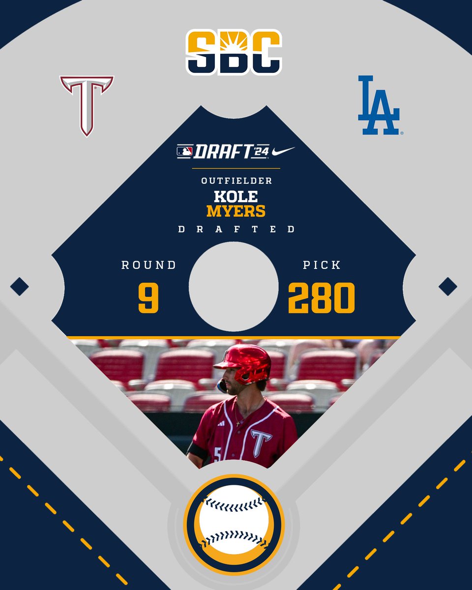 𝗞𝗢𝗟𝗘 𝗠𝗬𝗘𝗥𝗦.

With the 280th pick in the 2024 <a href="/MLBDraft/">MLB Draft</a>, the <a href="/Dodgers/">Los Angeles Dodgers</a> select <a href="/kmmyers19/">Kole Myers</a> of <a href="/TroyTrojansBSB/">Troy Baseball ⚔️</a>. Myers was an All-Sun Belt Second Team honoree in 2024. ☀️⚾️

#SunBeltBSB x #MLBDraft