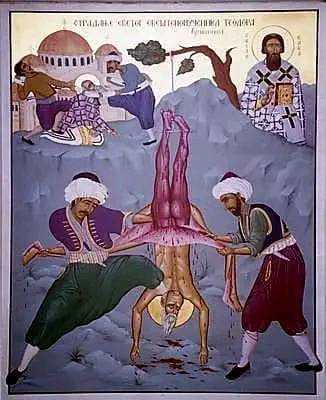 ImtiazMadmood's tweet photo. There is a painting from 1595 in the National Museum of Serbia.
It shows the Serbian Orthodox bishop Theodore of Vršac, as he was flayed alive by the Ottoman Turks.

This was a common custom, mostly against Christians who refused to convert to Islam.

Despite such cruel tortures and persecutions, the Serbian people preserved their religion, language and identity.