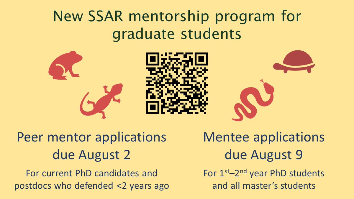 SSAR (@ssarherps) on Twitter photo Join the SSAR mentorship program ! 
We are seeking peer mentors (PhD candidates and junior postdocs) and mentees for this new herpetologically-focused peer mentorship program ! 
ssarherps.org/2024/05/ssar-g… Join the SSAR mentorship program ! 
We are seeking peer mentors (PhD candidates and junior postdocs) and mentees for this new herpetologically-focused peer mentorship program ! 
ssarherps.org/2024/05/ssar-g…